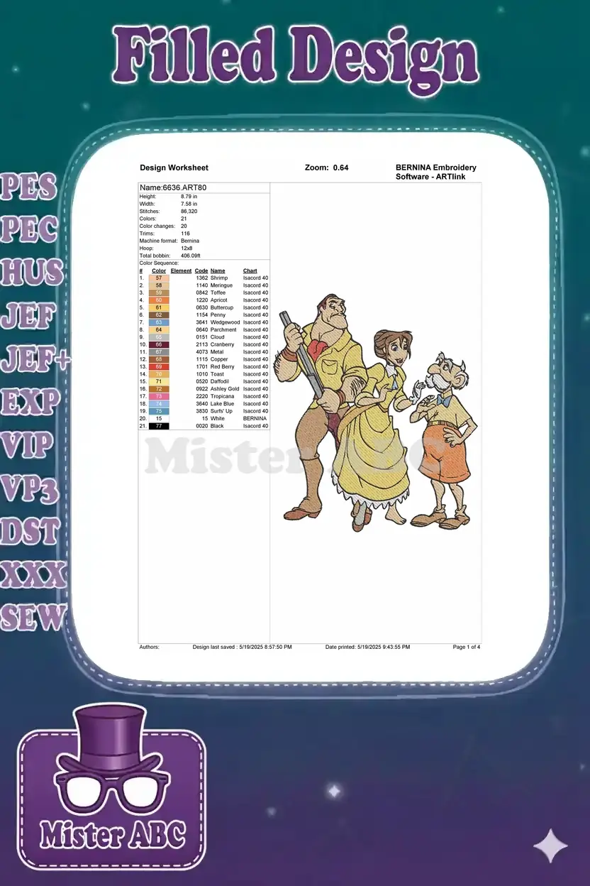 Embroidery design worksheet providing essential technical specifications, color sequence, and thread details for creation.