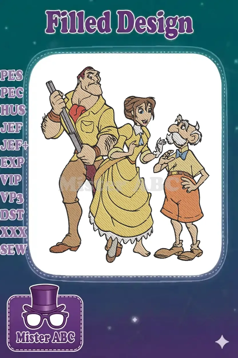Vibrant embroidery of Disney's Tarzan characters: Clayton, Jane Porter, and Professor Porter, ready for adventure.