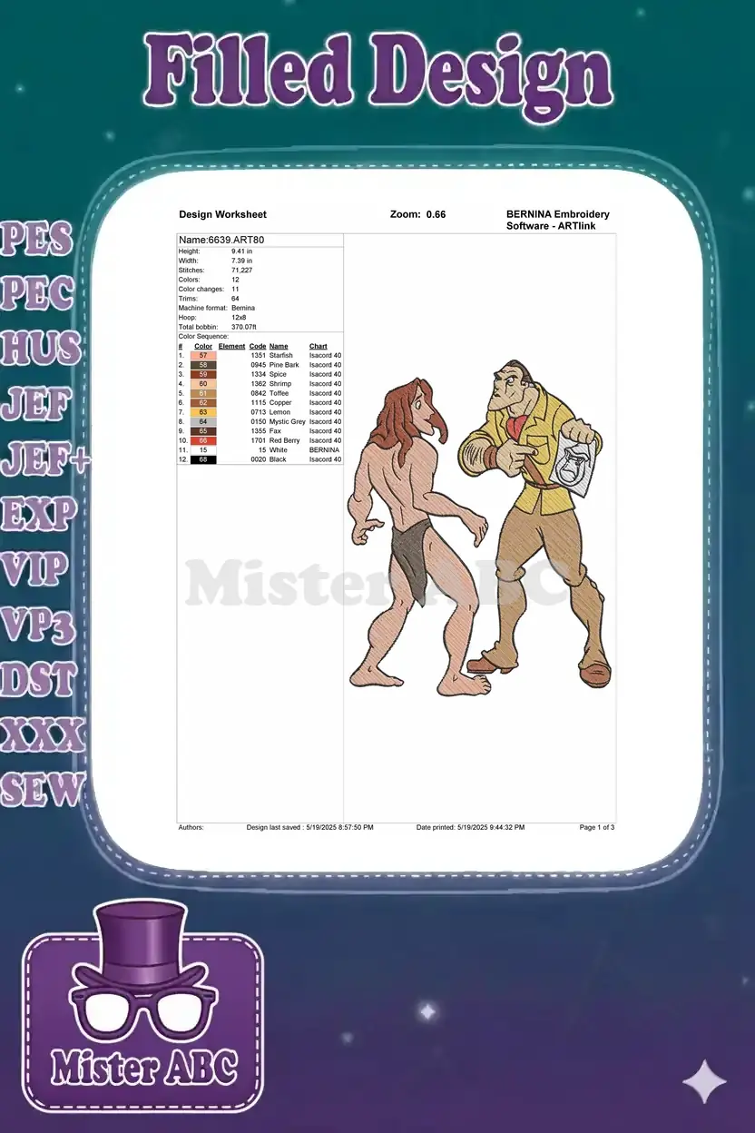 Embroidery design worksheet for Tarzan and Clayton, showing thread colors, stitch count, and design dimensions.