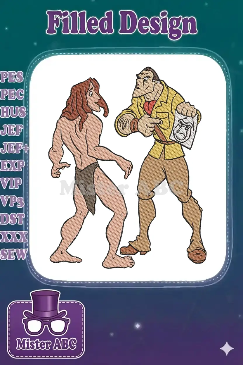 Tarzan and Clayton from Disney's movie in an animated embroidery design, showing their distinct character details.