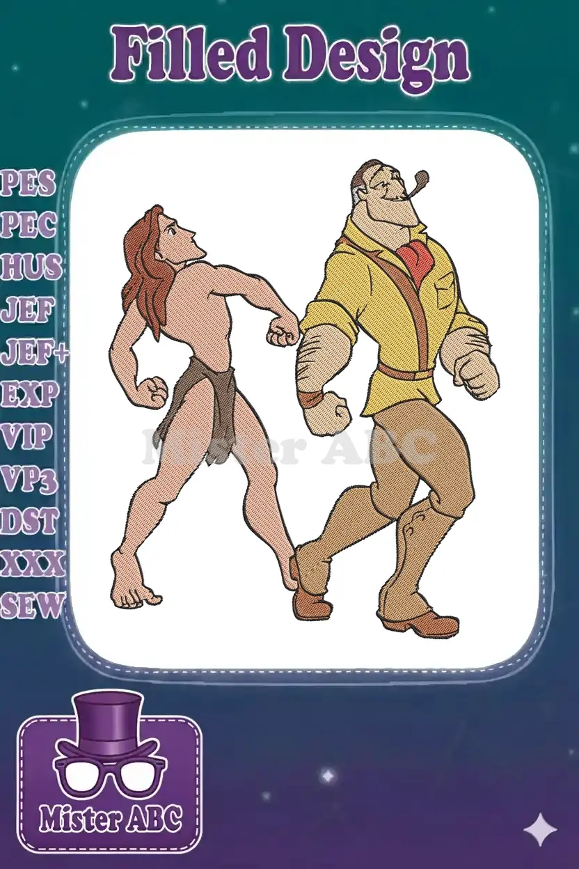 Full-color embroidered design of Tarzan and Clayton walking together, showcasing dynamic motion and rich textures.