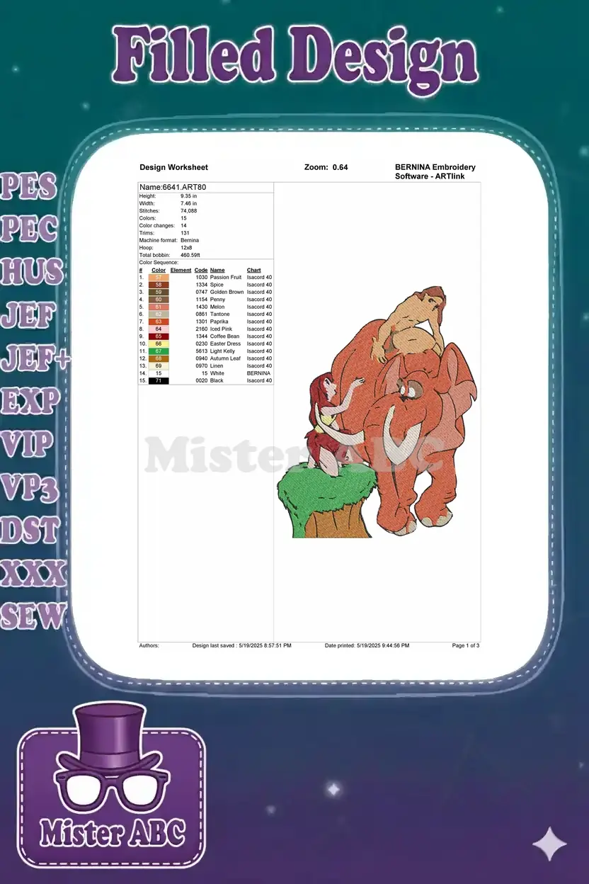 Embroidery design worksheet for '6641.ART80' showing dimensions, stitch count, color sequence, and a design preview.