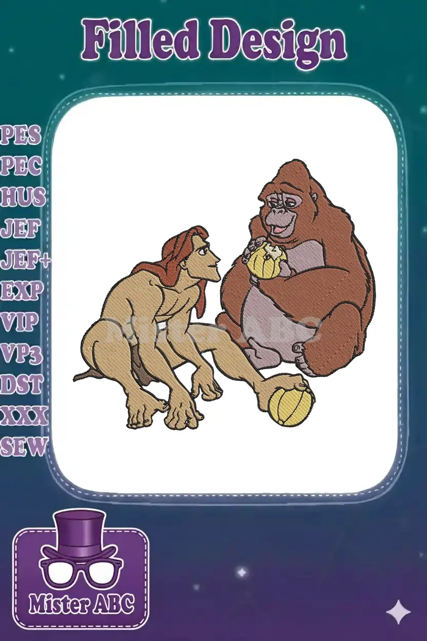 Embroidery of Tarzan, the jungle man, crouching and looking at a large, brown gorilla holding a yellow fruit.