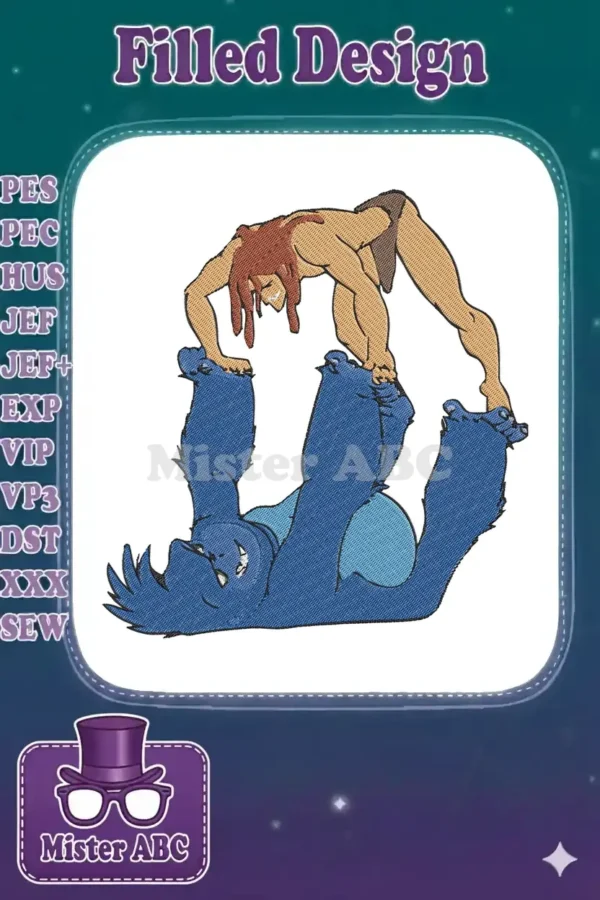 Embroidered design of Tarzan, with long brown hair and loincloth, balanced on the feet of a large blue gorilla.