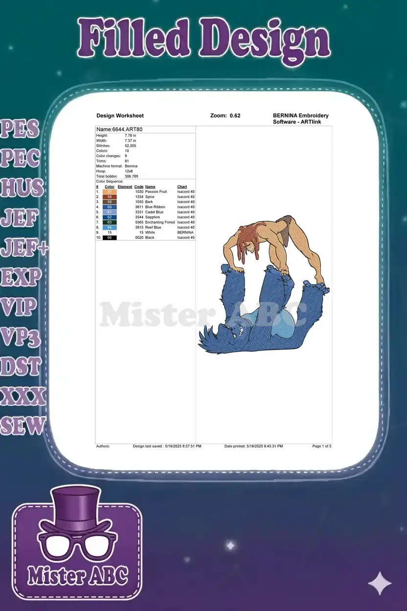 Embroidery design worksheet showing dimensions, stitch count, color sequence, and thread chart for '6644.ART80'.
