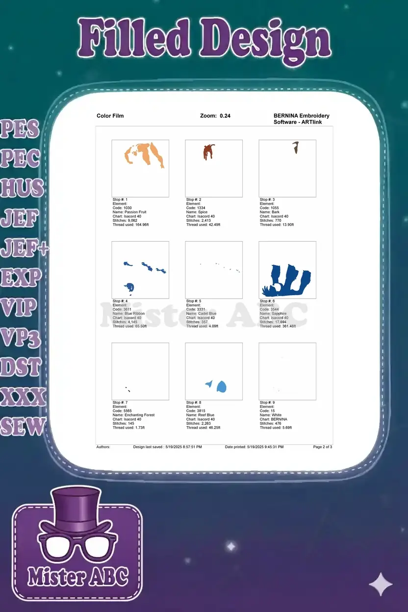 Color film breakdown for embroidery design, showing thread usage and stitch counts for the first 9 color elements.