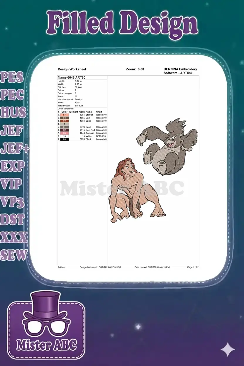 Embroidery design worksheet for Tarzan and Terk, showing dimensions, thread colors, and stitch details.