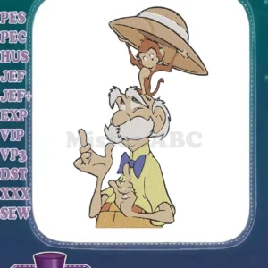 A delightful embroidery of Professor Porter from Tarzan, with a playful monkey balancing a safari hat on his head.