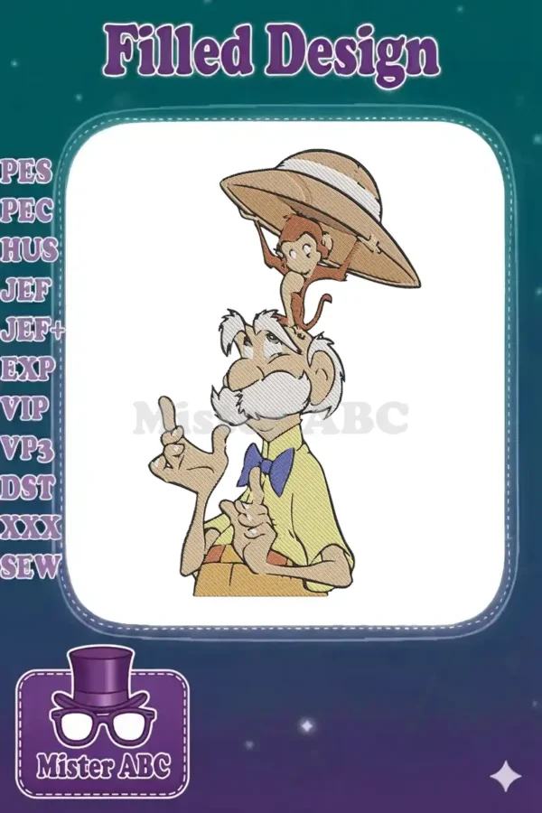 A delightful embroidery of Professor Porter from Tarzan, with a playful monkey balancing a safari hat on his head.