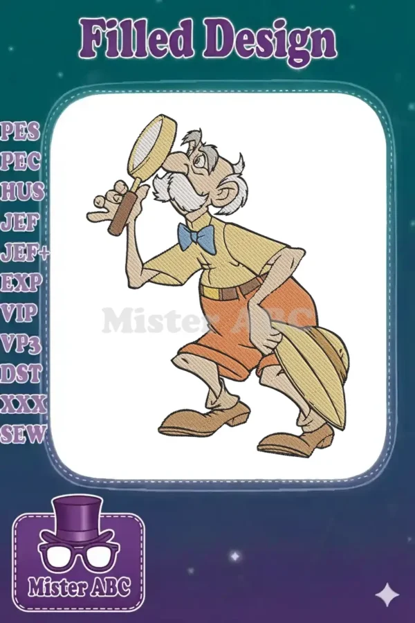 Professor Porter from Disney's Tarzan, a detailed embroidery design with magnifying glass and pith helmet.