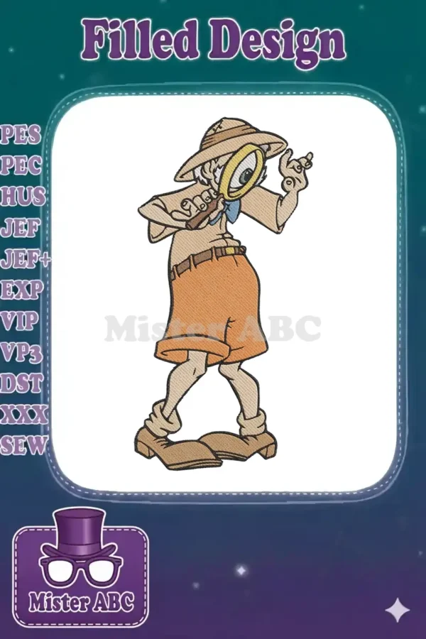 Detailed embroidery design of Ludwig Von Drake, the Disney professor, dressed as an explorer with a magnifying glass.