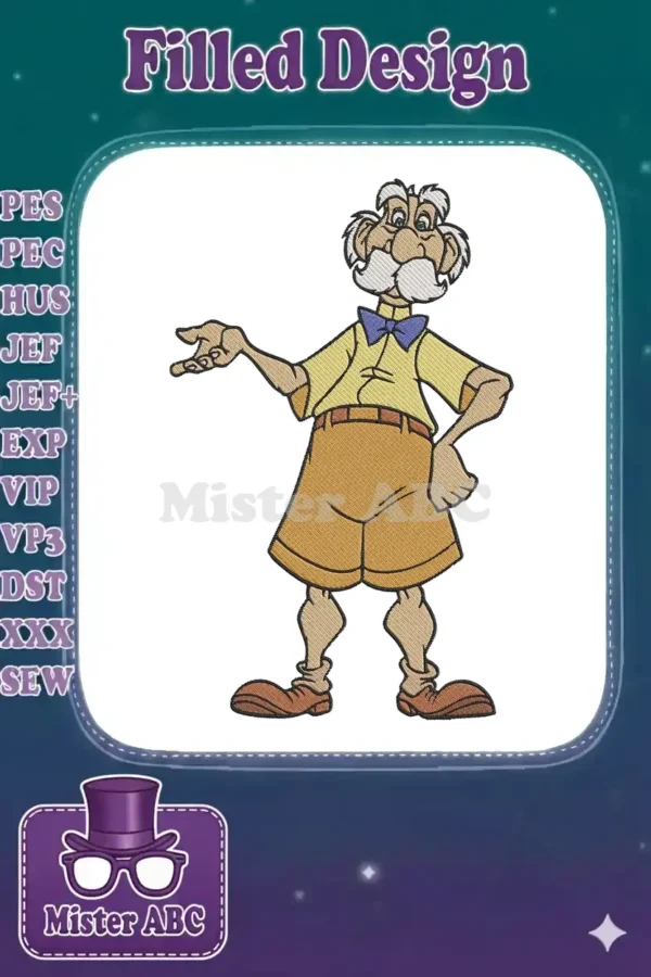 Professor Porter embroidery design, an older man with white hair, mustache, yellow shirt, blue bow tie, and brown shorts.