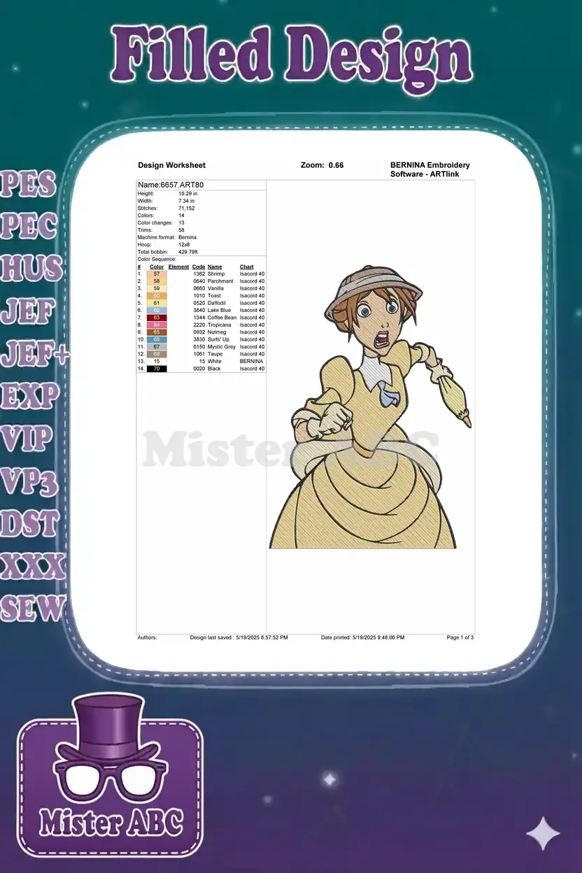 Design worksheet for the Jane Porter embroidery, detailing dimensions, stitch count, color sequence, and thread information.
