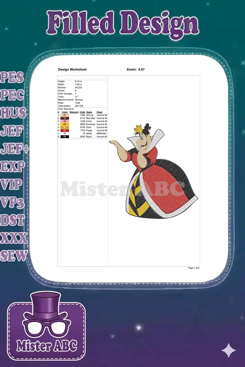 Embroidery design worksheet for Queen of Hearts, detailing dimensions, stitch count, and color sequence.