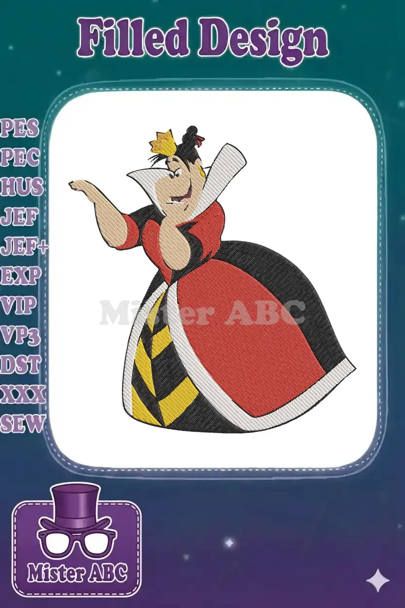 Vibrant Queen of Hearts embroidery design, captured mid-gesture, featuring bold red, black, and yellow colors.