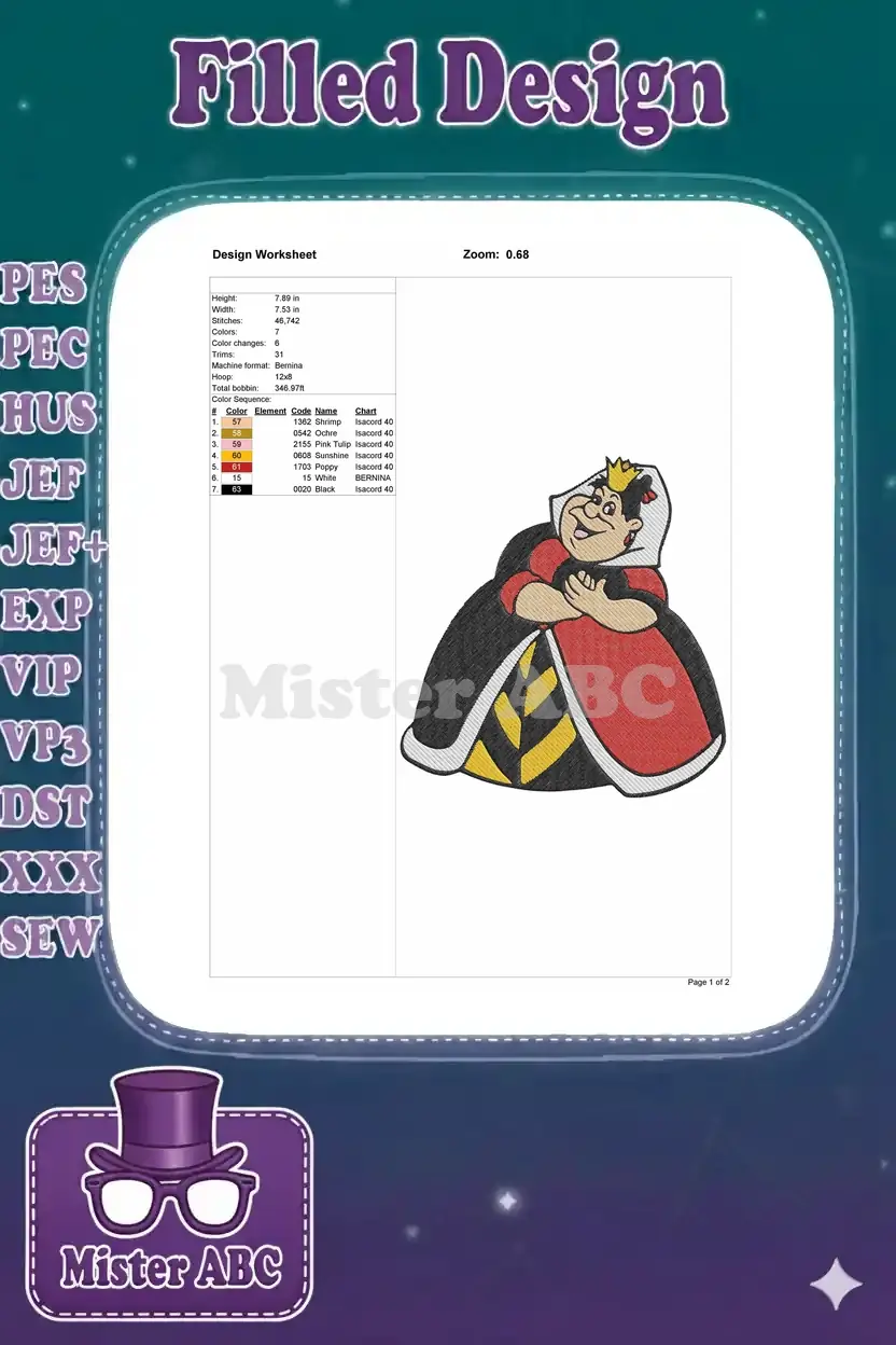 Embroidery design worksheet for the Queen of Hearts, displaying stitch count, dimensions, and color sequence details.