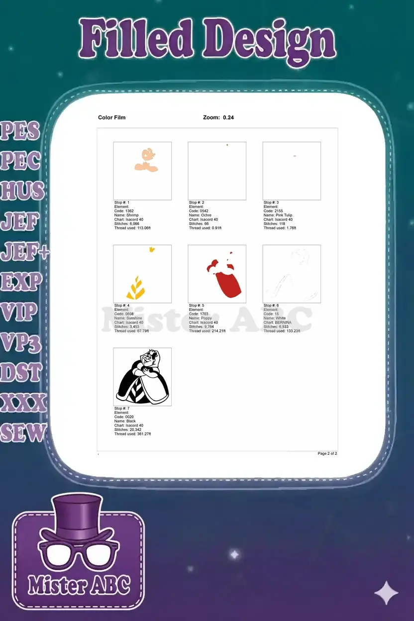 Color film sequence for the Queen of Hearts embroidery, illustrating the step-by-step stitching process by color.