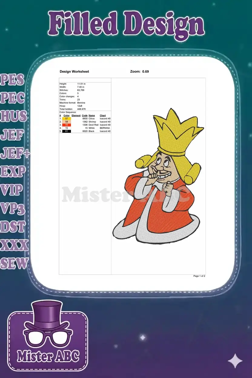 Embroidery design worksheet for the King of Hearts, detailing dimensions, stitch count, color sequence, and machine info.