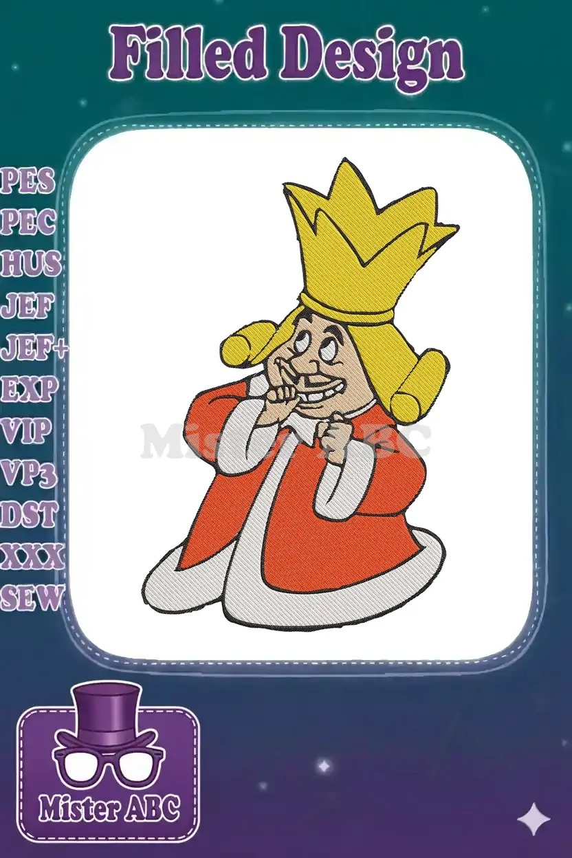 Close-up of the King of Hearts embroidery design, featuring his iconic nervous expression, yellow crown, and red robe.