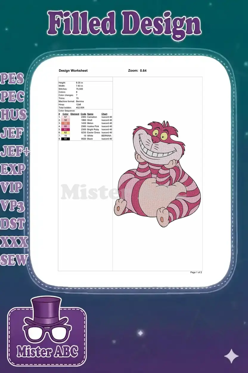 A detailed design worksheet for the Cheshire Cat embroidery, showing dimensions, stitch count, and color sequence.