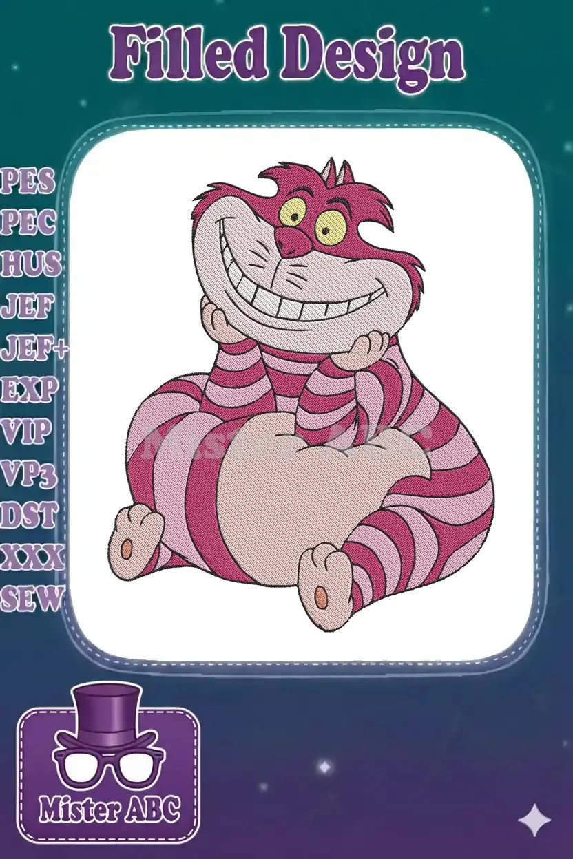 A delightful digital embroidery design of the iconic Cheshire Cat, featuring its wide grin and striped body.