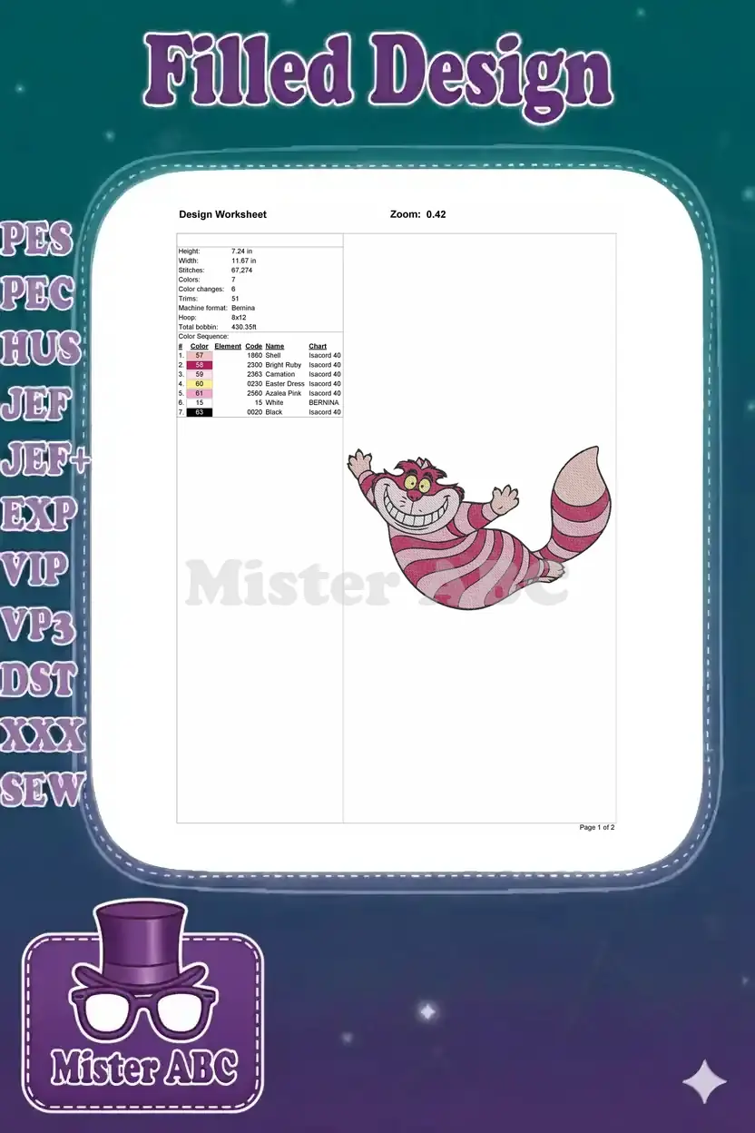 Embroidery design worksheet for the Cheshire Cat, detailing dimensions, stitch count, colors, and machine info.