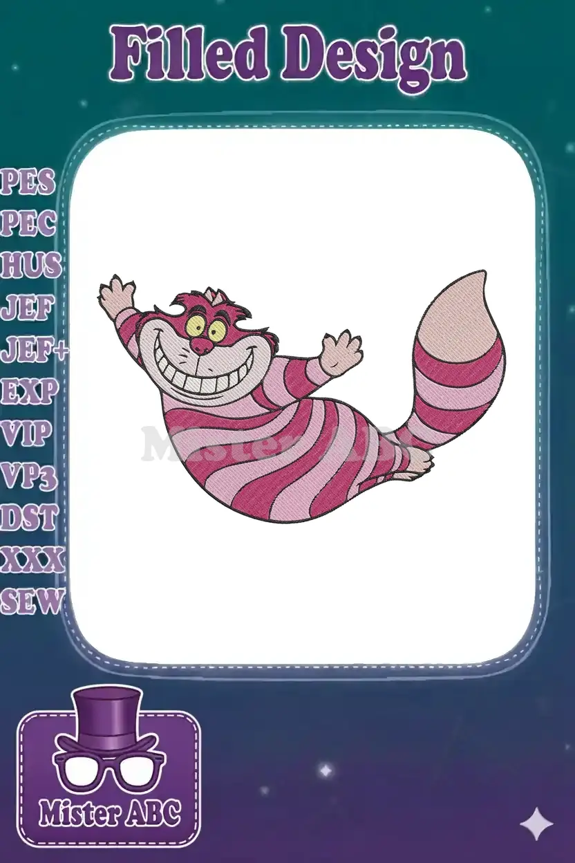 Vibrant embroidery of the Cheshire Cat, featuring its wide grin, pink striped body, and mischievous eyes.