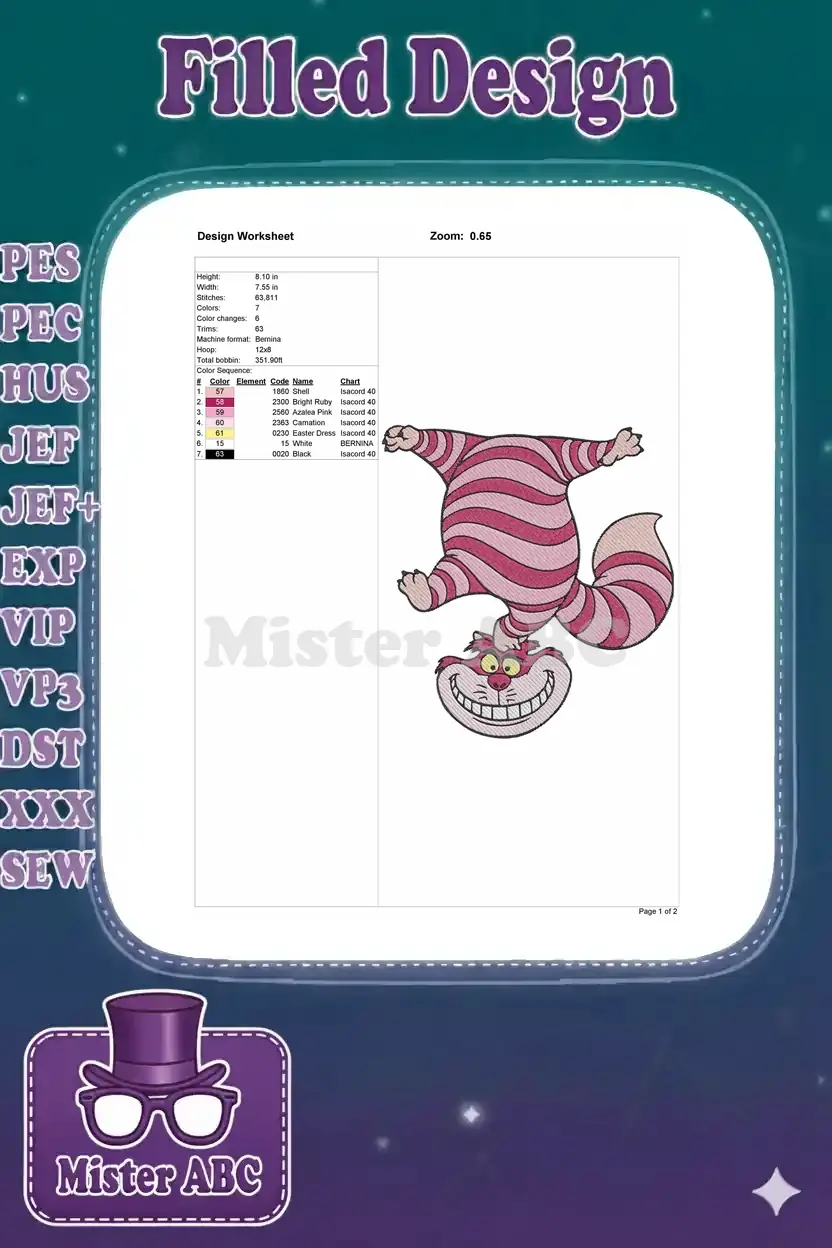 Embroidery design worksheet for Cheshire Cat, showing dimensions, stitch count, colors, and machine details.