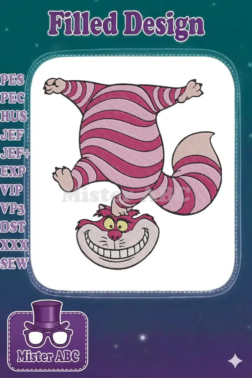 Cheshire Cat embroidery design, vibrant pink and light pink stripes, iconic wide grin, playful upside-down pose.