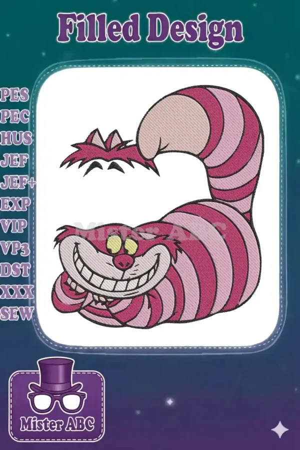 A vibrant embroidery design of the Cheshire Cat, smiling broadly with pink and purple stripes.