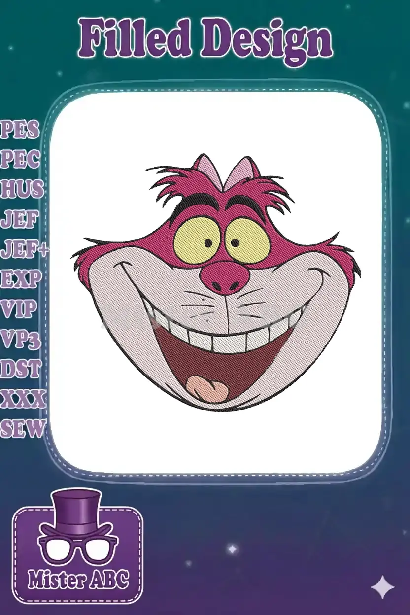 A vibrant, detailed embroidery design of the Cheshire Cat's iconic grinning face, featuring pink, yellow, and black thread.