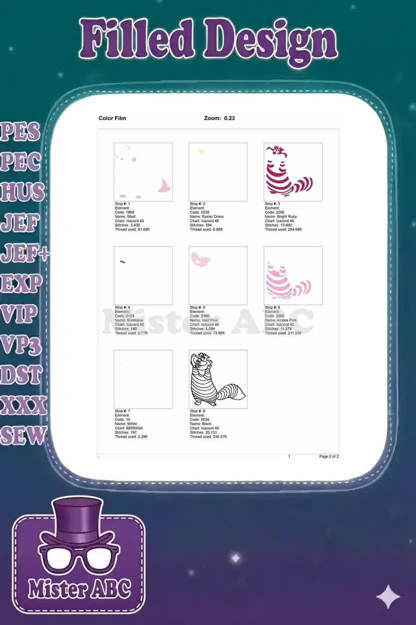 Color film sequence showing the step-by-step stitching process for the Cheshire Cat embroidery design.
