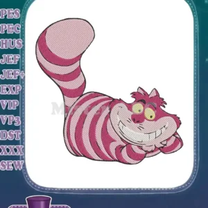 A vibrant machine embroidery design featuring the iconic Cheshire Cat, grinning mischievously with its pink and purple stripes.