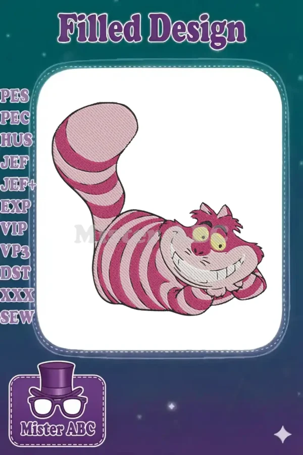 A vibrant machine embroidery design featuring the iconic Cheshire Cat, grinning mischievously with its pink and purple stripes.