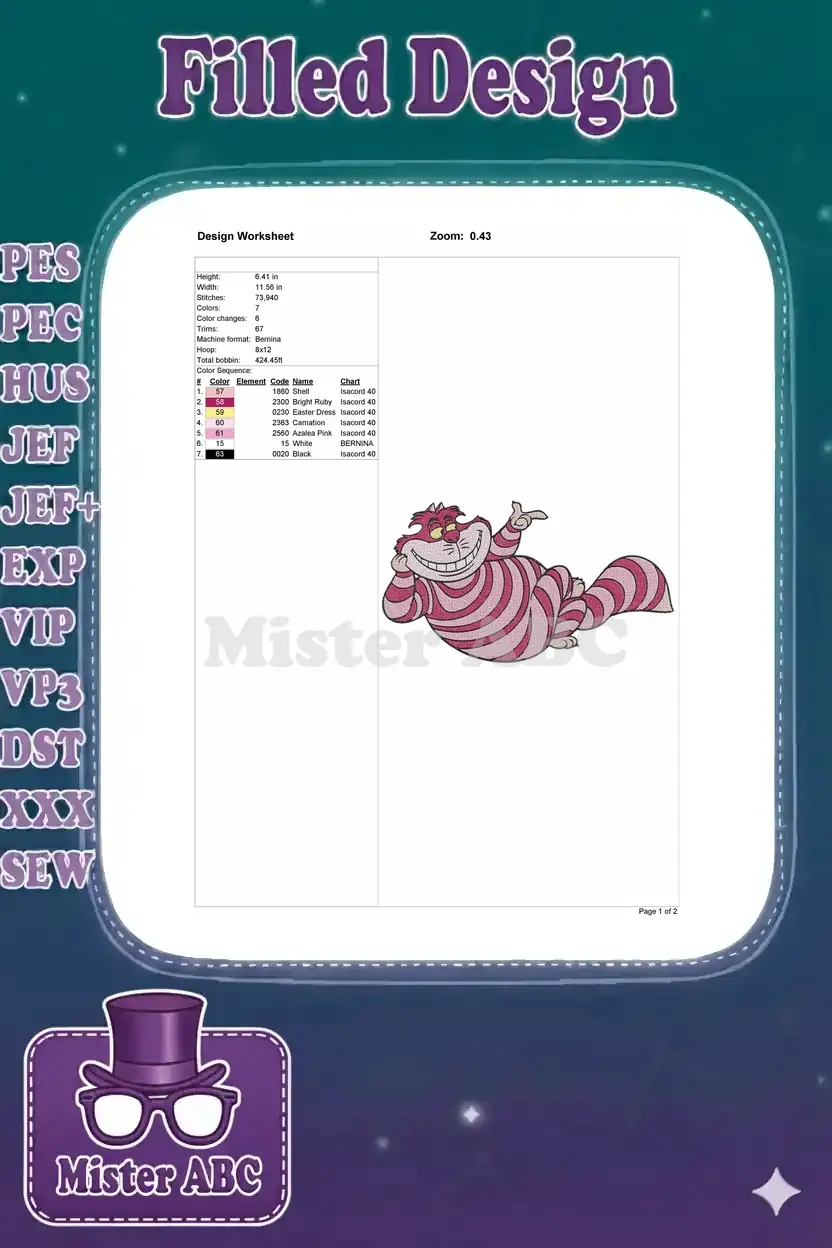 Detailed design worksheet for the Cheshire Cat embroidery, showing dimensions, stitch count, and color sequence.