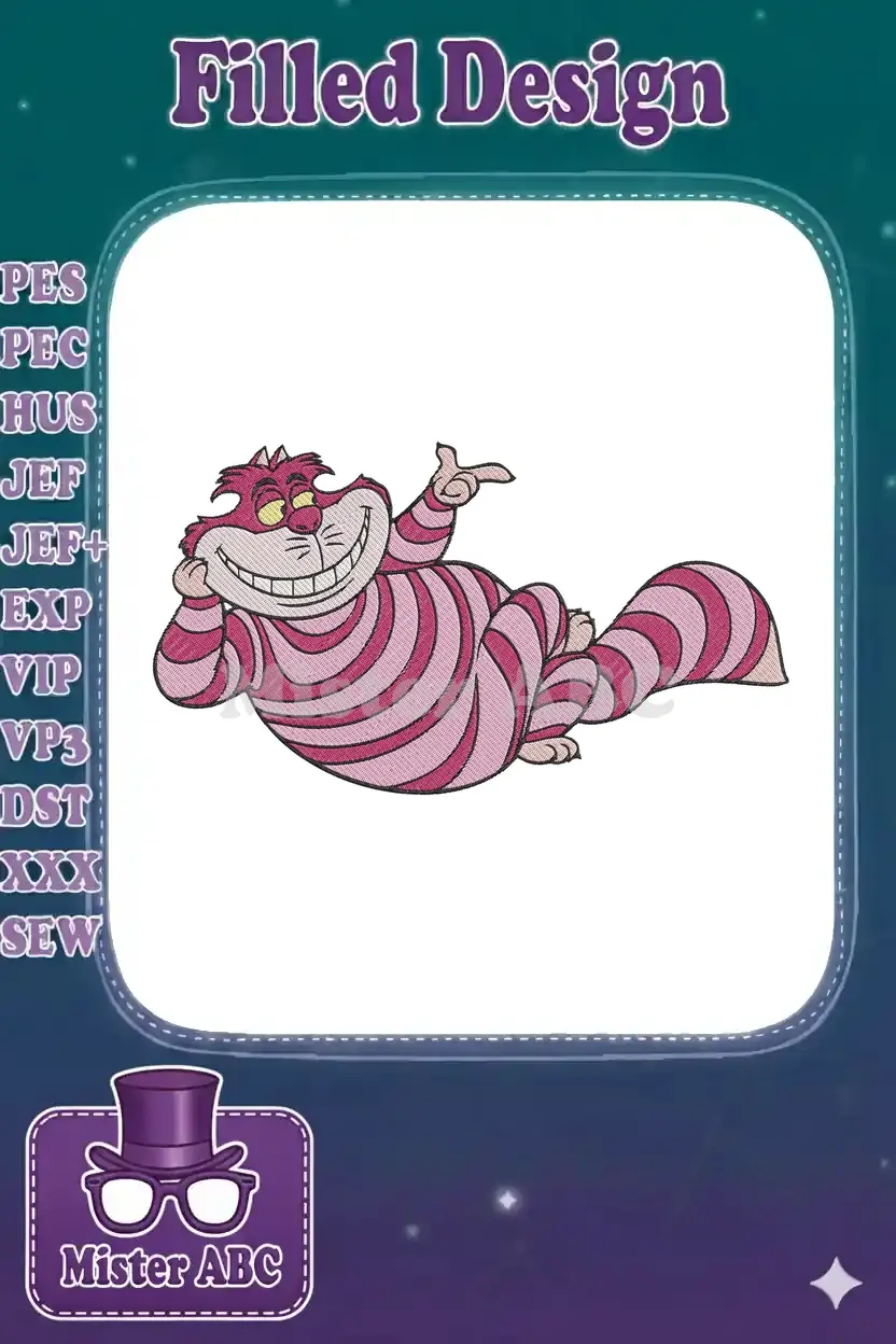 Vibrant embroidery design of the Cheshire Cat, featuring its classic pink and purple stripes and mischievous grin.
