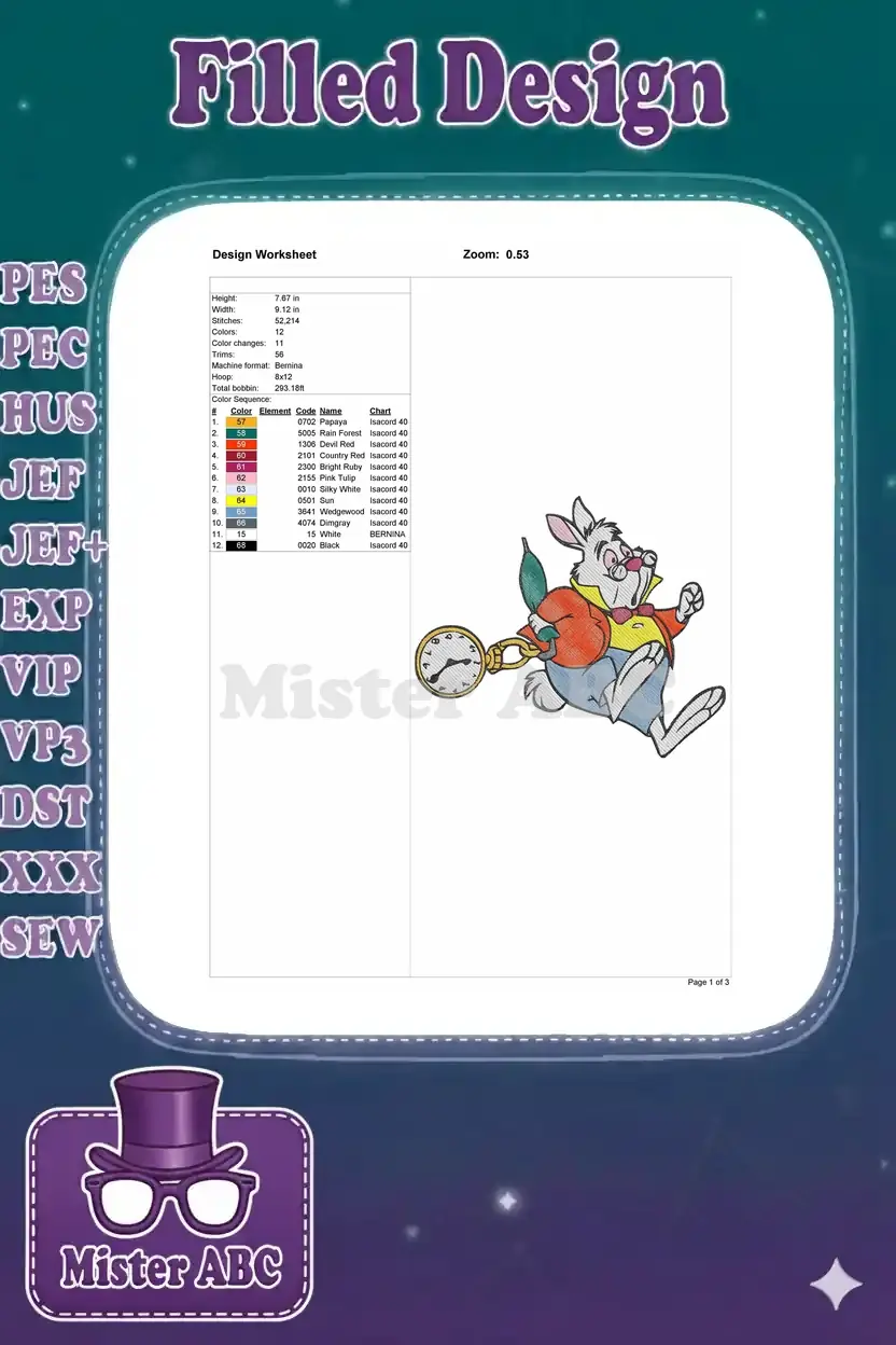 Embroidery design worksheet detailing dimensions, stitch count, color sequence, and machine specifications.