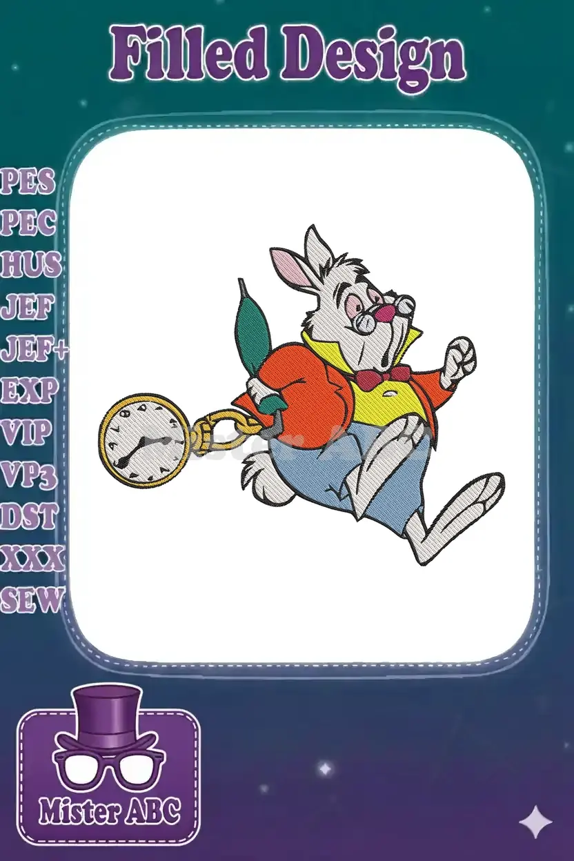 Vibrant embroidery of the White Rabbit from Alice in Wonderland, in a hurry with his gold pocket watch.
