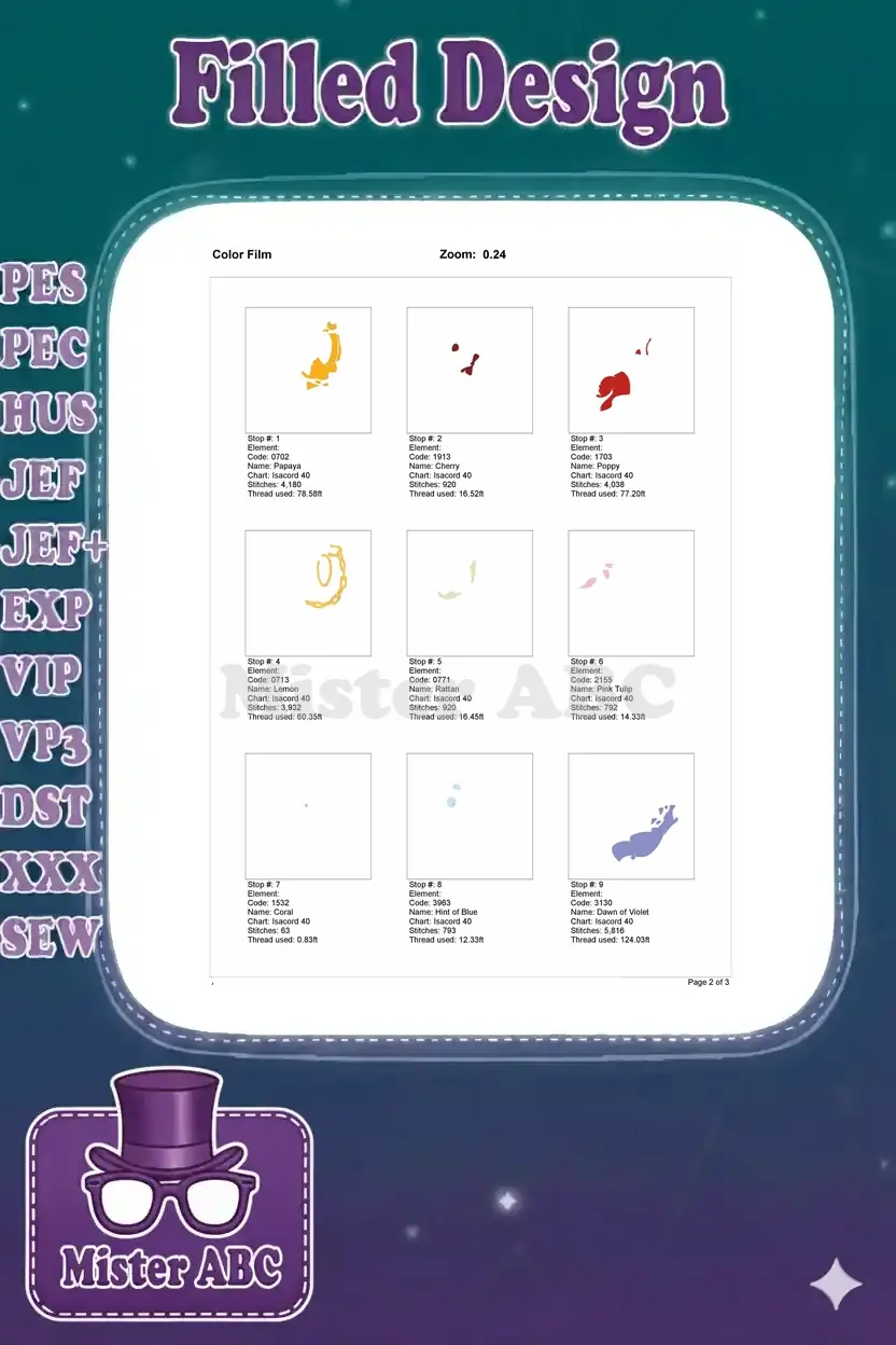 First page of the embroidery color film, detailing the initial 9 color stops for the White Rabbit design.