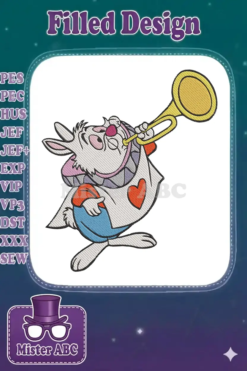 A charming embroidery of Disney's White Rabbit from Alice in Wonderland, enthusiastically blowing a golden trumpet.