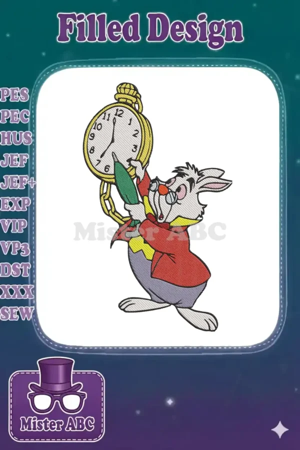 Vibrant embroidery design of the White Rabbit from Alice in Wonderland, holding a large gold pocket watch.