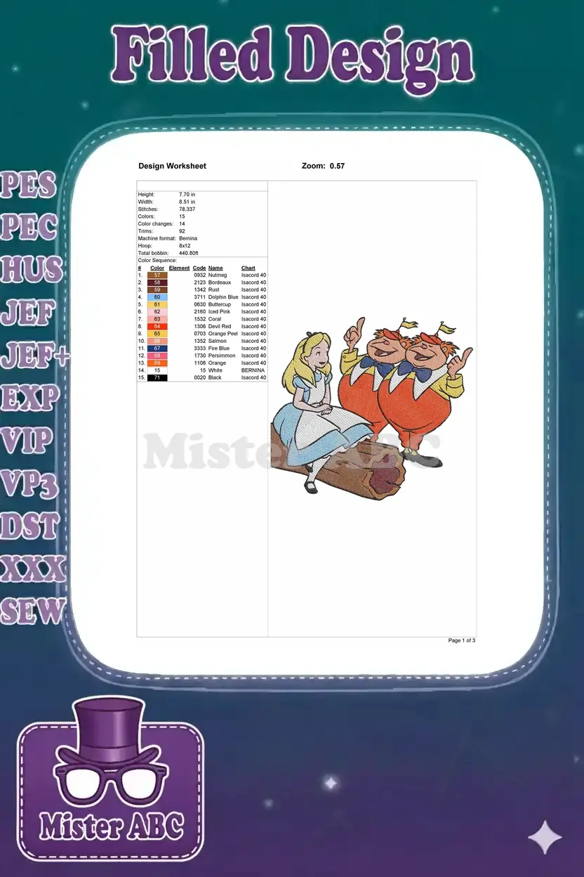 Embroidery design worksheet detailing dimensions, stitch count, colors, and thread chart for the Alice design.