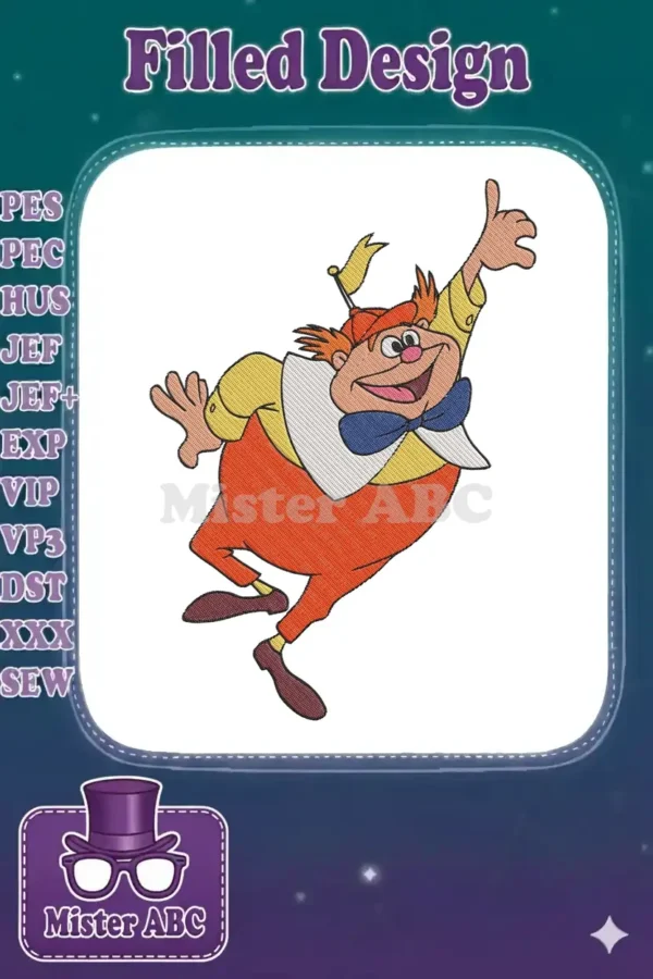 A vibrant, embroidered digital design of Tweedledee from Alice in Wonderland, captured mid-jump with a cheerful expression.