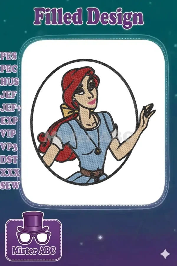 This vibrant embroidery design features a red-haired woman in a blue dress, framed by a classic black circle.
