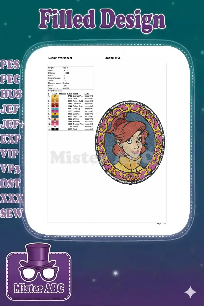 Embroidery design worksheet detailing stitch count, dimensions, color sequence, and machine compatibility.