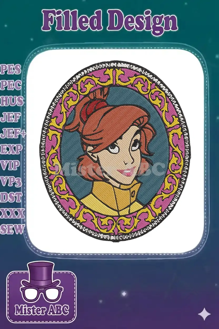 Close-up of a vibrant embroidery design featuring Anastasia's portrait in an ornate pink and yellow frame.