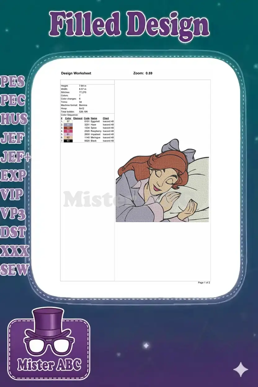Design worksheet displaying embroidery specifications: dimensions, stitch count, color sequence, and machine formats.