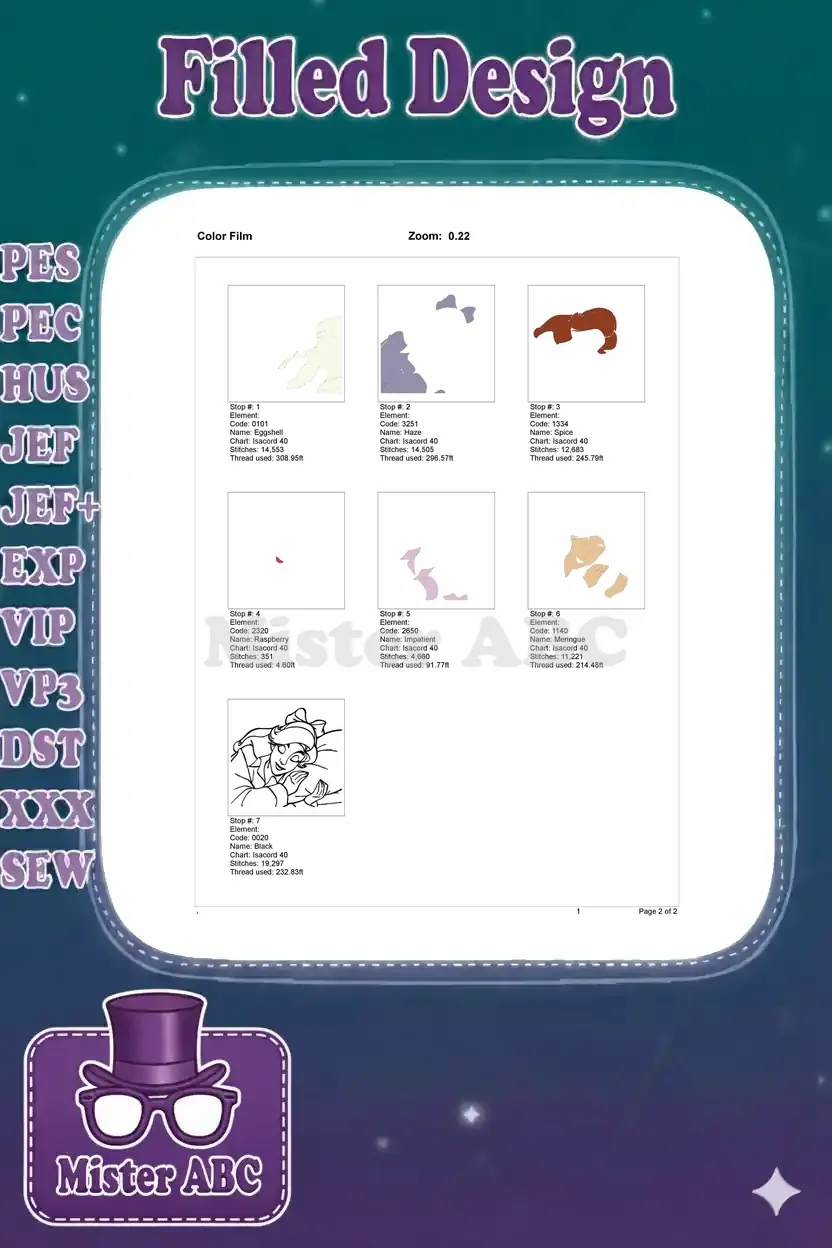 Color film breakdown of the embroidery design, illustrating each thread color's stitching sequence and quantity.