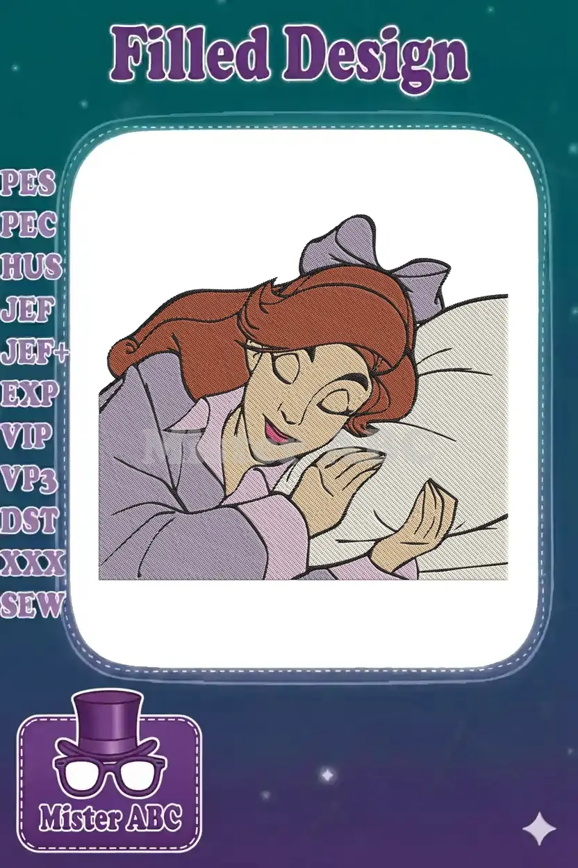 Embroidered design of Anastasia from Cinderella, peacefully sleeping on a pillow with a purple bow in her hair.