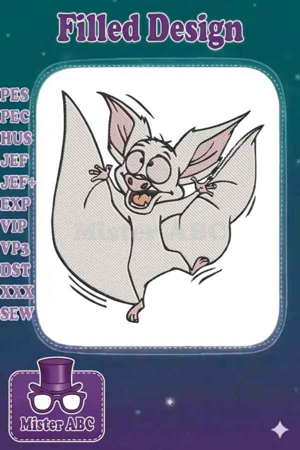 A charming cartoon bat embroidery design, wide-eyed and mid-flight, featuring light gray, pink, and black colors.